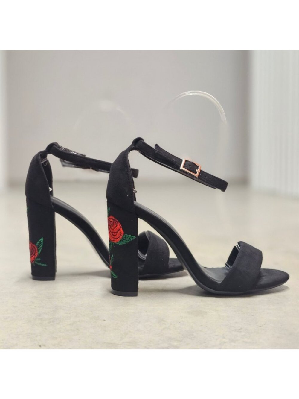 Black Faux Suede Block Heel Sandals With Rose Embroidery & Ankle Strap - Picture 2 of 13